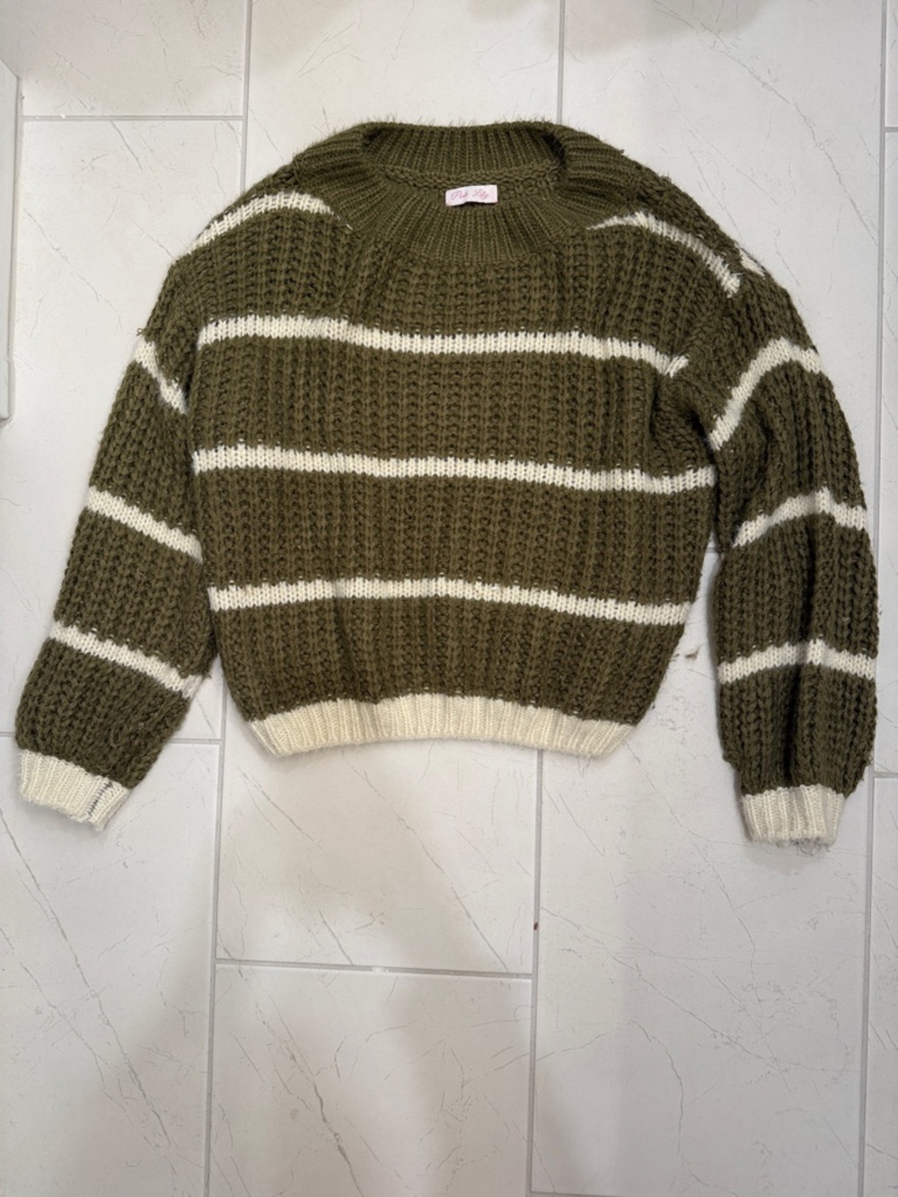 Pink Lily Olive & Cream Striped Crewneck Sweater